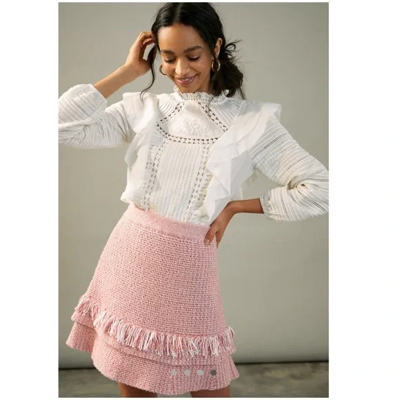 New Anthropologie Maeve Tamara Fringed Mini Sweater Skirt Pink Size Small NWT - Picture 1 of 9